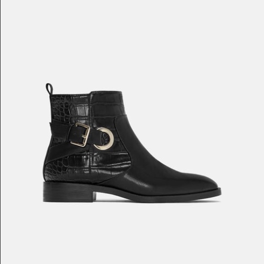 ZARA FAUX LEATHER CROC EMBOSSED BLACK ANKLE BOOTS BUCKLE NEW WITH TAGS US 6.5